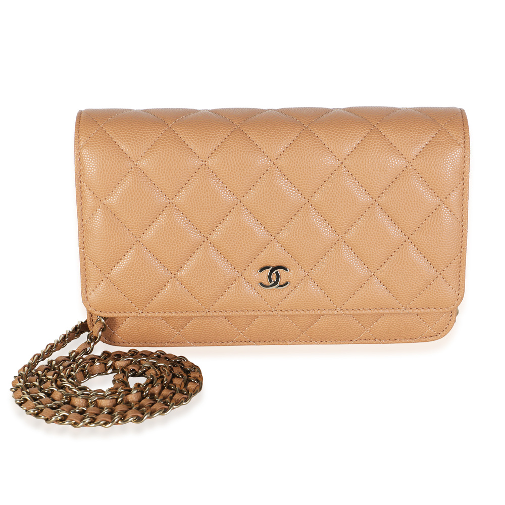 23P Chanel Dark Beige Quilted Caviar Classic Wallet on Chain